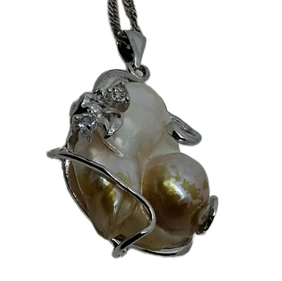 Sterling Silver & 18K Gold Plate Necklace w/ Natural Blister Pearl Pendant